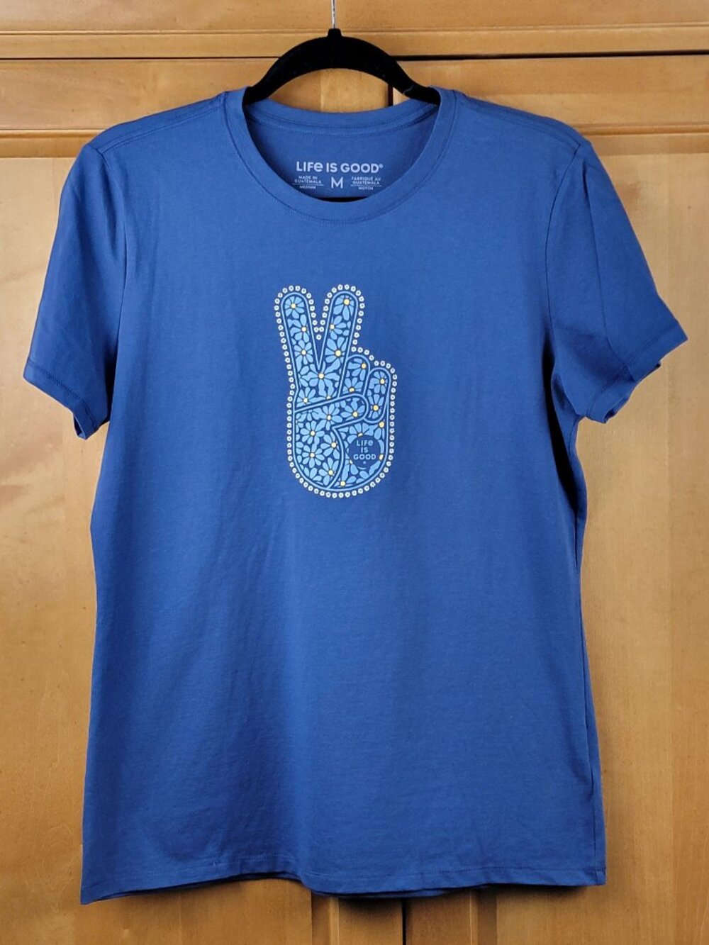NWT Life Is Good Navy Crew Neck Short Sleeve Tee Floral Peace Hand - M